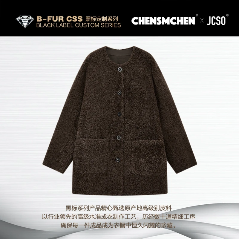 【CHENSMCHEN×JCSO】进口拉贡圆领中长款皮毛一体外套CdSU6207NL