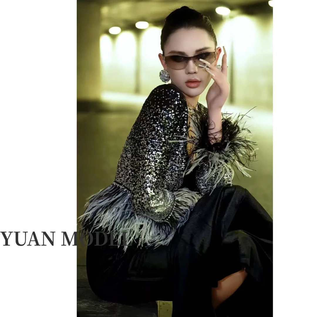 YUAN MODEL/媛老板-【黑天鹅】时装高端气质羽毛亮片西装外套092807