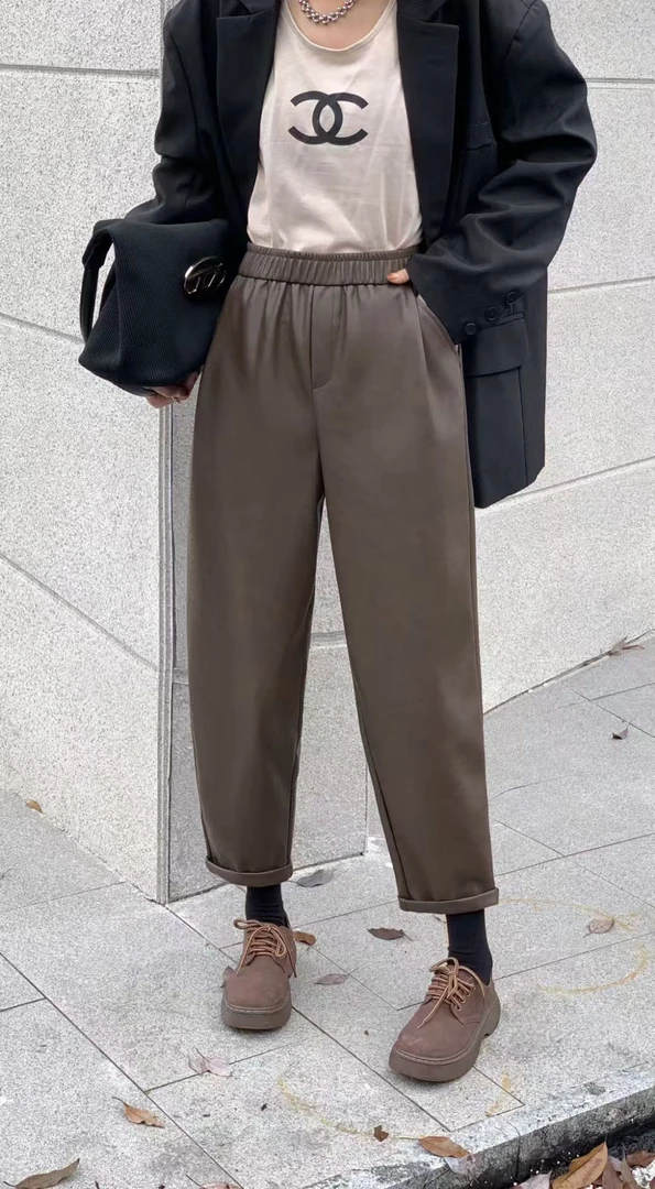 高腰纯色磨毛皮裤款秋冬休闲裤百搭长裤秋季宽松时尚咖色