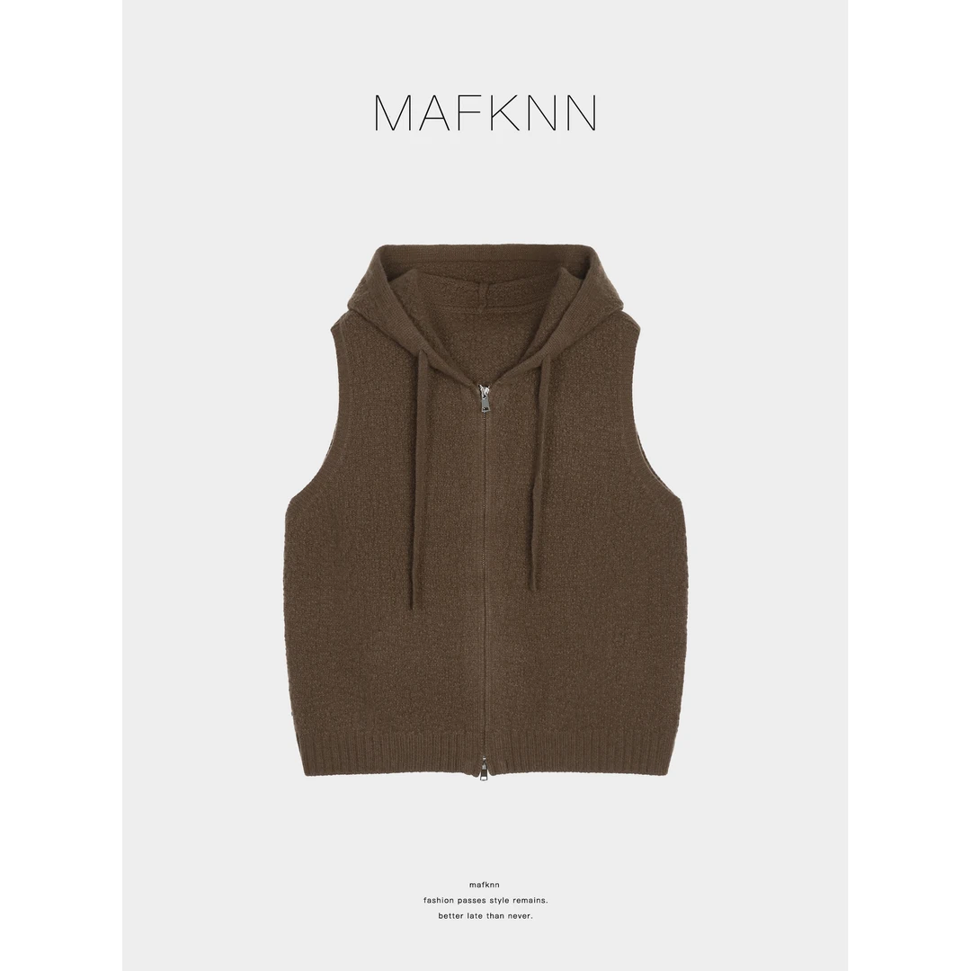 MAFKNN/玛肯时尚休闲简约纯色百搭带帽拉链马甲MK13345