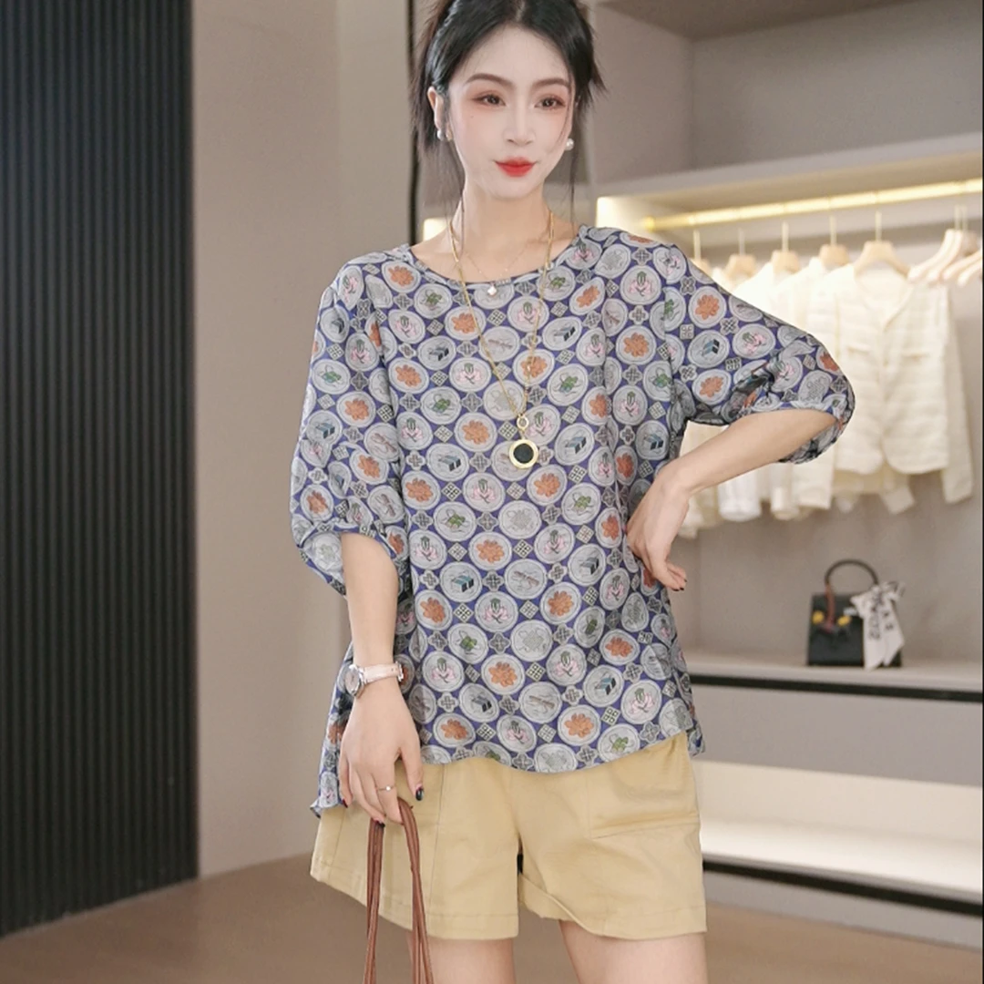 【文房四宝】夏季新款上衣时尚洋气减龄显瘦印花衬衫女