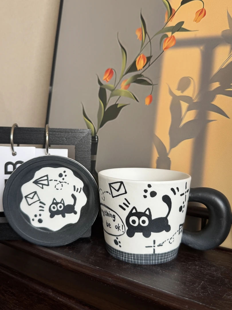 景德镇高温釉下彩纯手绘创意瓷 小黑猫盖子马克杯