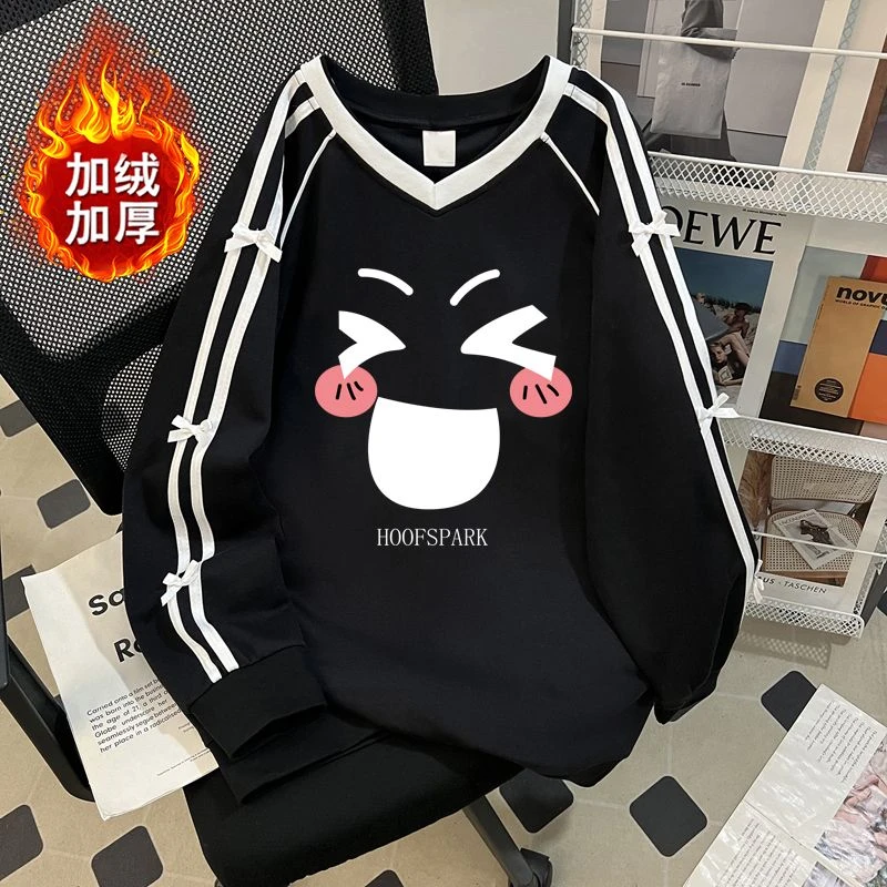 薄款/加绒加厚秋冬季V领长袖上衣蝴蝶结拼接两条杠设计印花卡通女