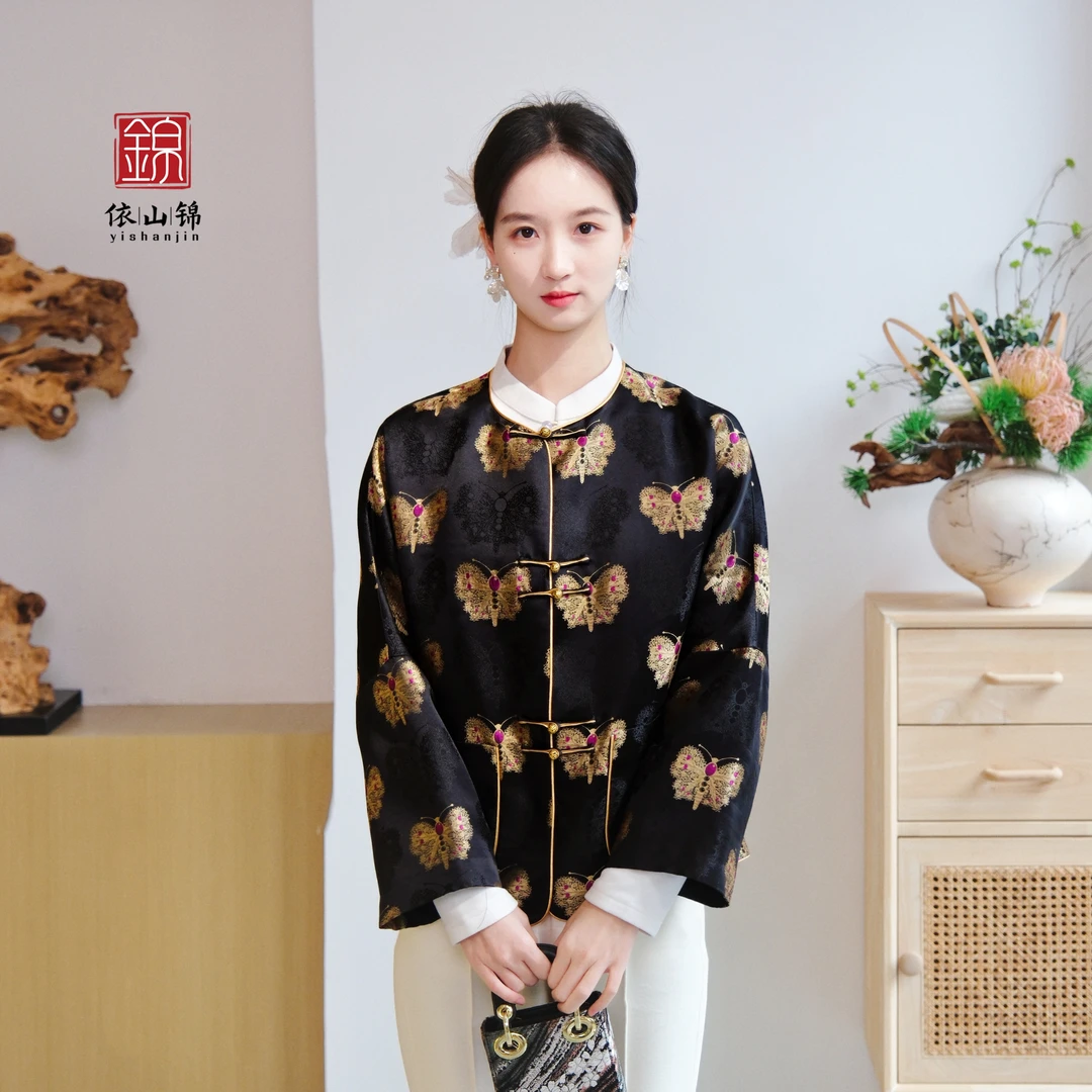 【黑金蝴蝶】100桑蚕丝国风新中式外套 圆领上衣·24W0217