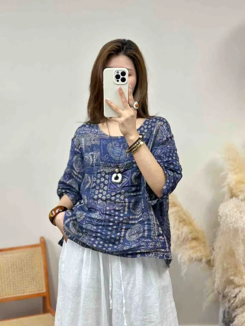 2025夏季新款复古炒色文艺时尚精致百搭显瘦纯苎麻花色小衫