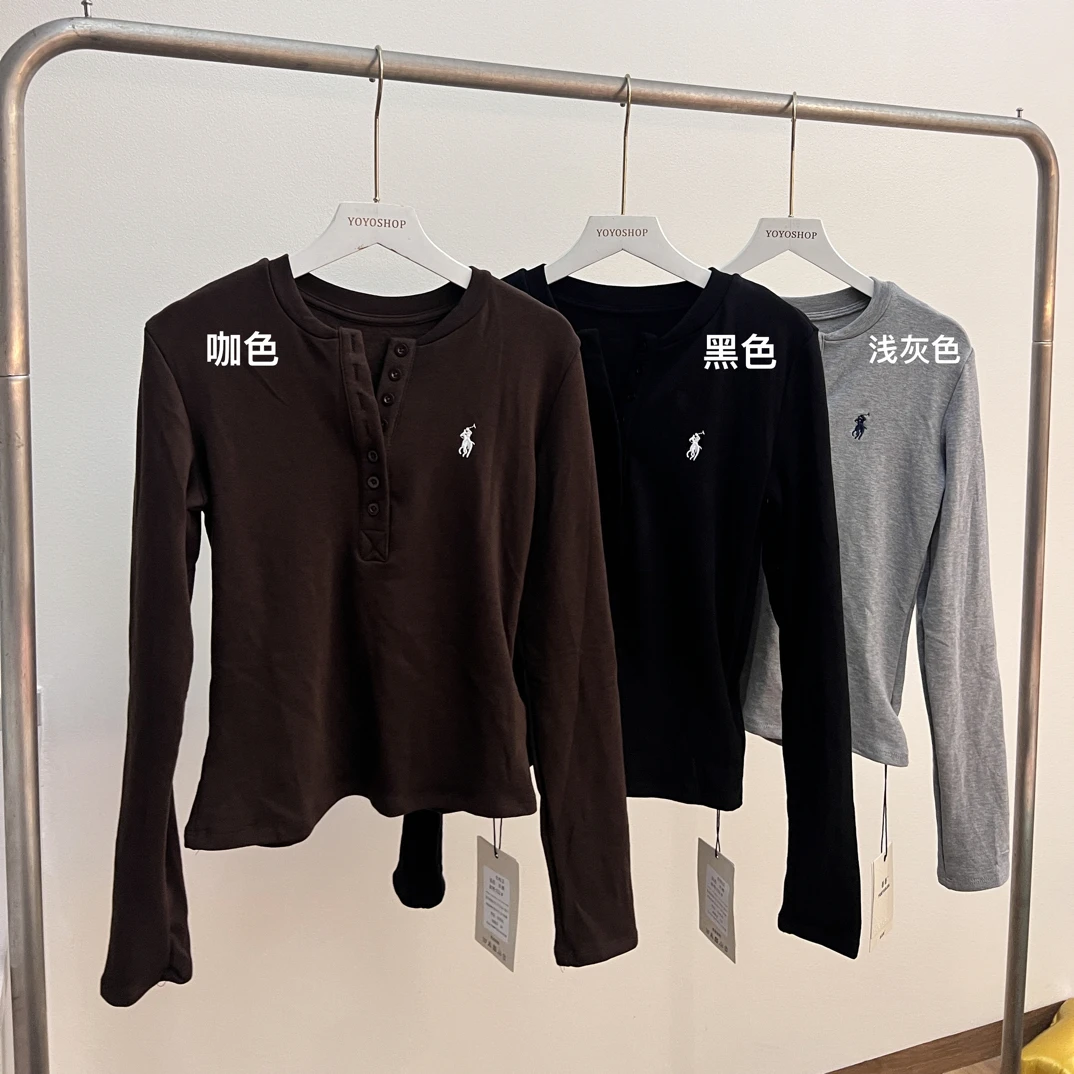 GRR,【拥抱小马T】秋冬抓绒显瘦正肩纽扣长袖T恤