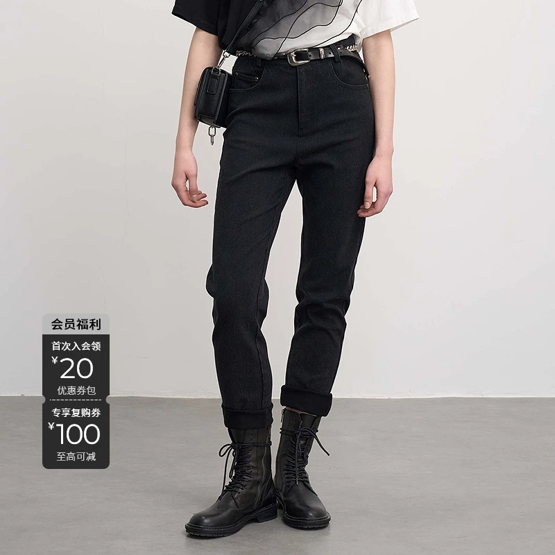 S·DEER圣迪奥显瘦休闲裤高腰直筒黑色修身九分弹力长裤S252Z0805