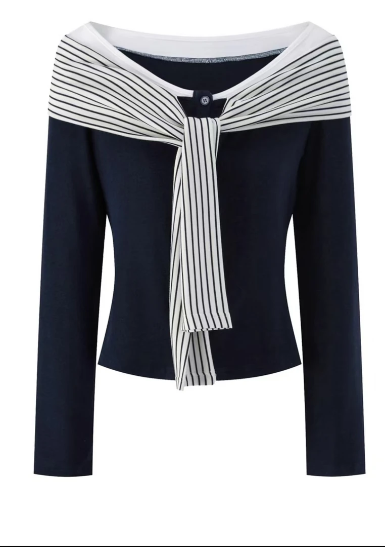 藏蓝色拼接条纹绑带长袖t恤新款时尚修身上衣