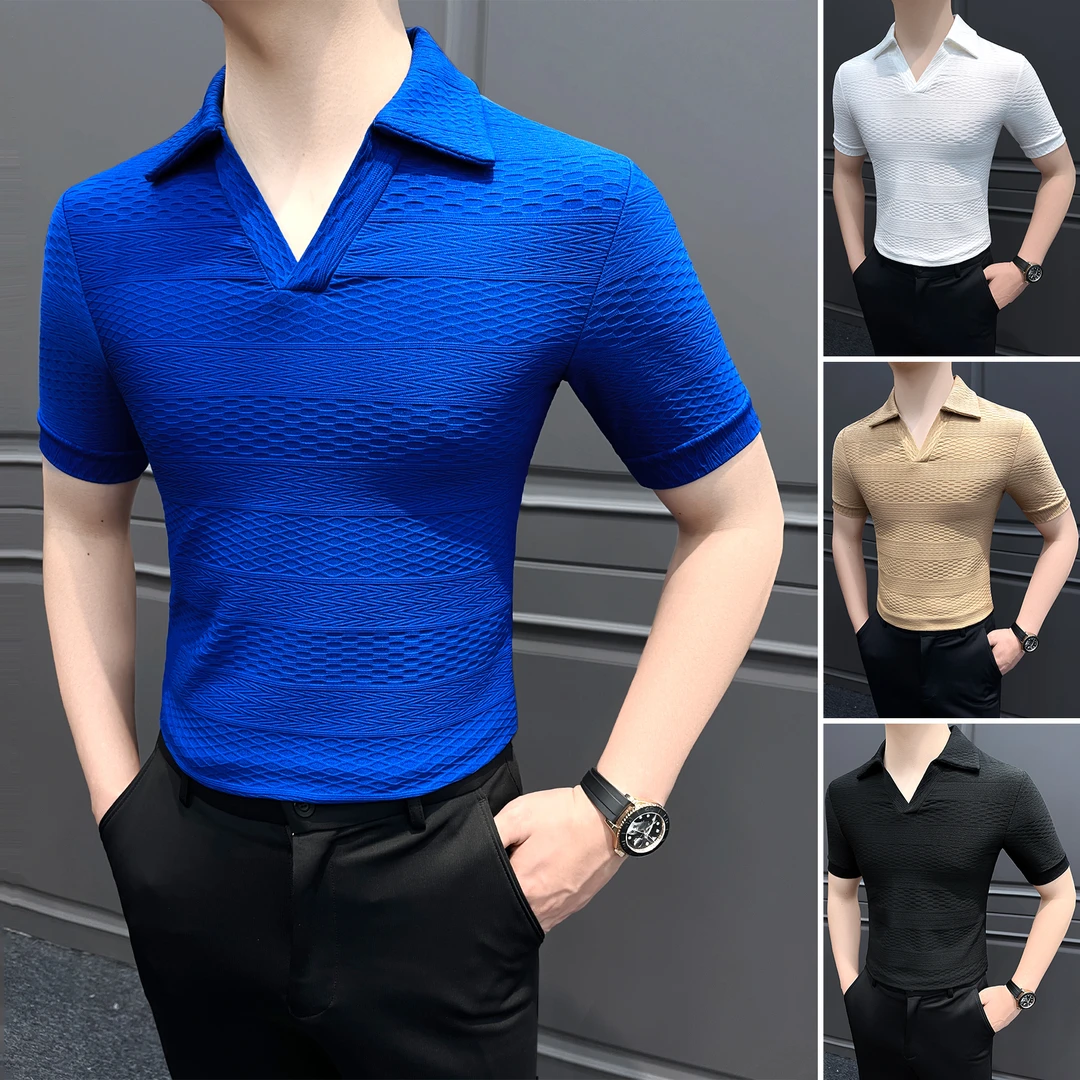 网格提花短袖男t恤秋季V领休闲服男款网红洋气炸街高级感男装上衣