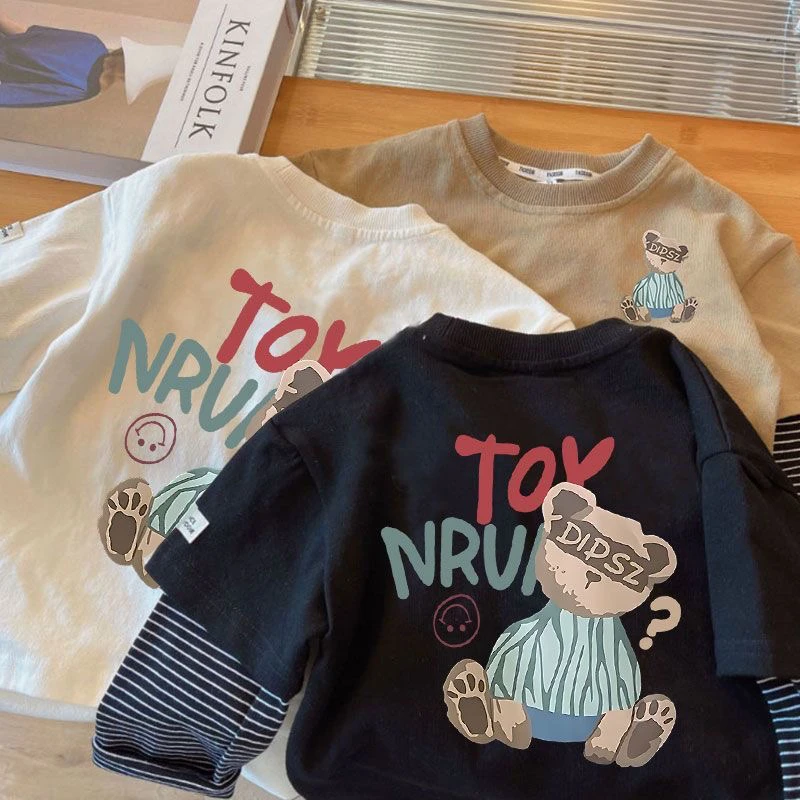 男童T恤春秋新款长袖圆领打底衫卡通简笔画拼接假两件儿童女上衣t