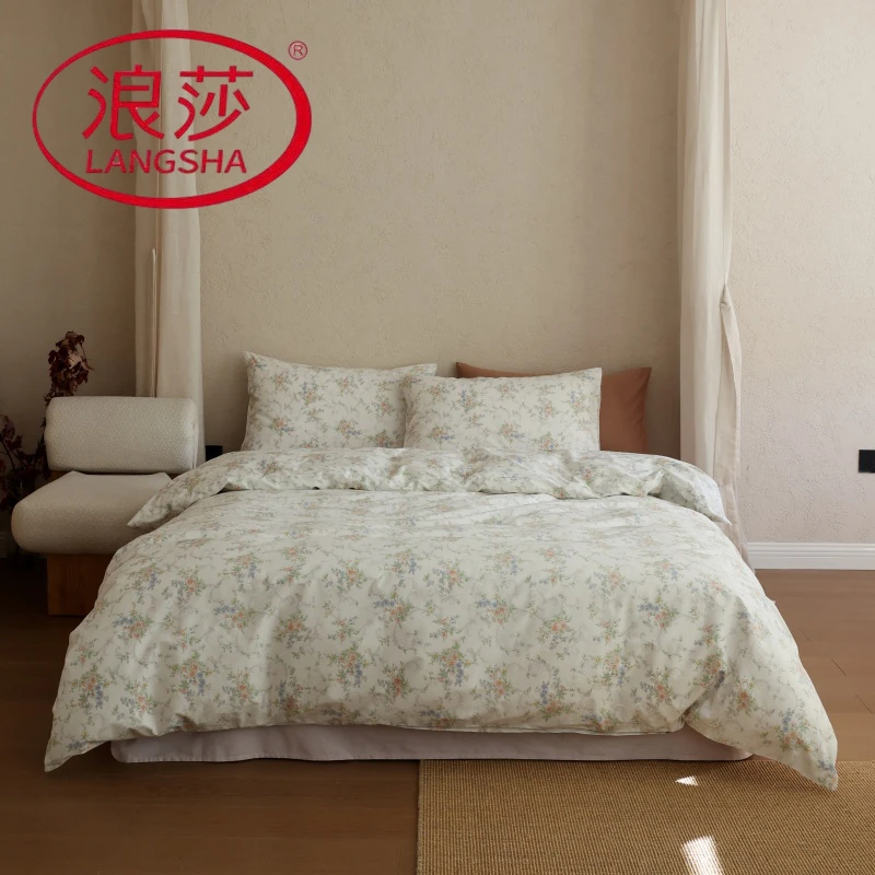 浪莎小清新全棉四件套纯棉印花套件家用双人床单被套床上用品新品