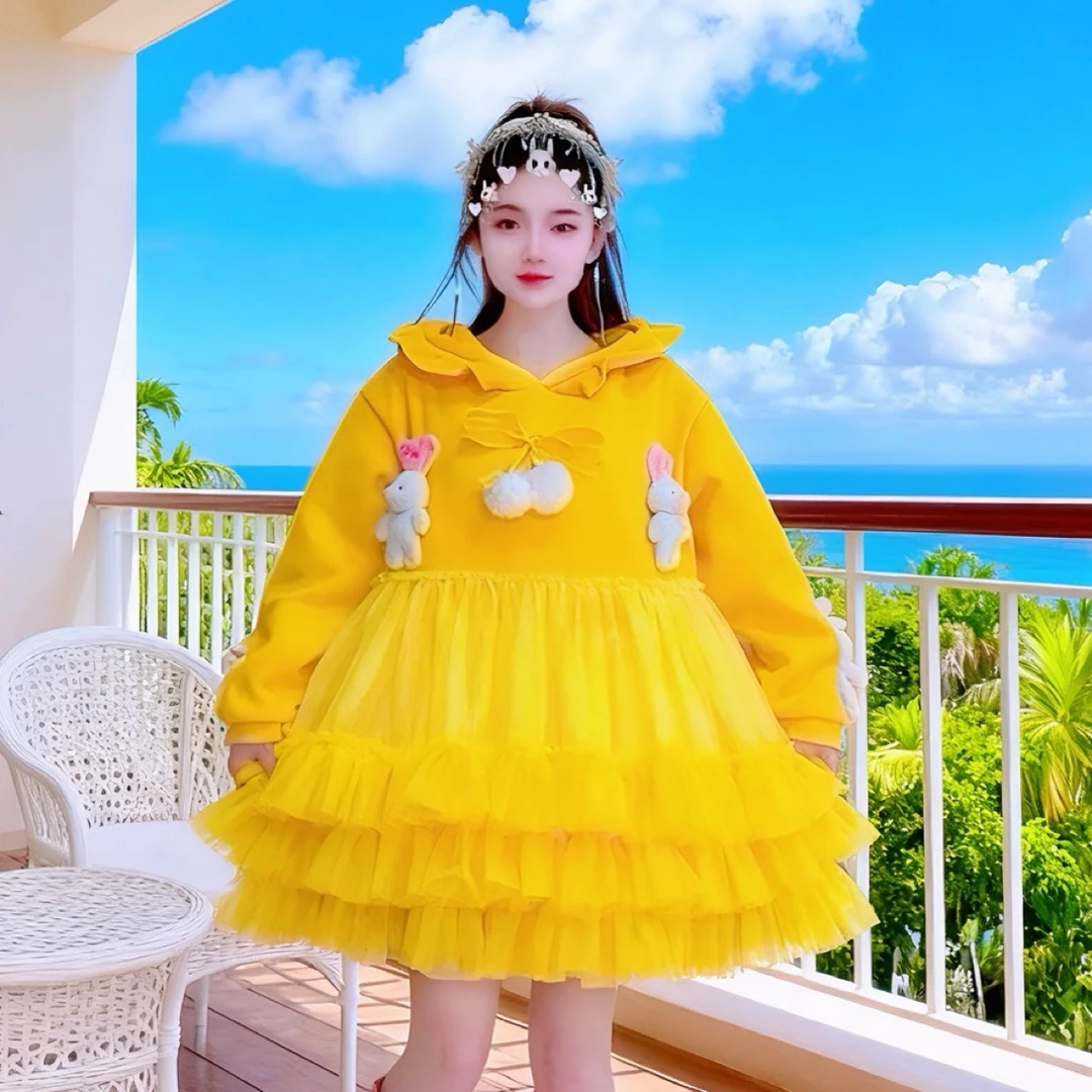 【面条仙仙】3781#冬季连帽仙仙卫衣纱纱拼接蓬蓬连衣裙