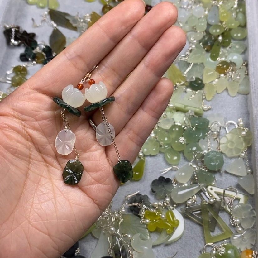 【闪购商品】银S925镶嵌蛇纹石玉挂件耳饰耳环项链