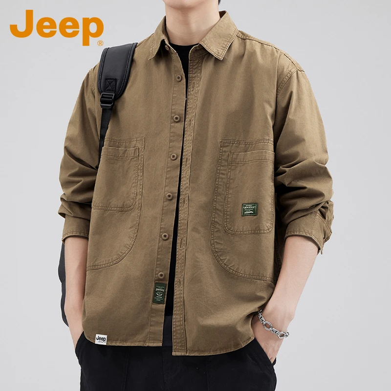 JEEP吉普工装衬衫男款春秋新款重磅水洗纯棉衬衣宽松休闲衣服男装