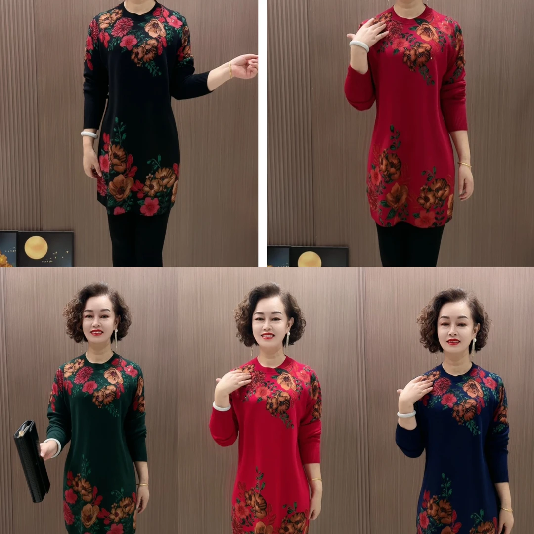 时尚多花中长款常规民族风加厚针织加绒春秋大码打底衫上衣秋冬
