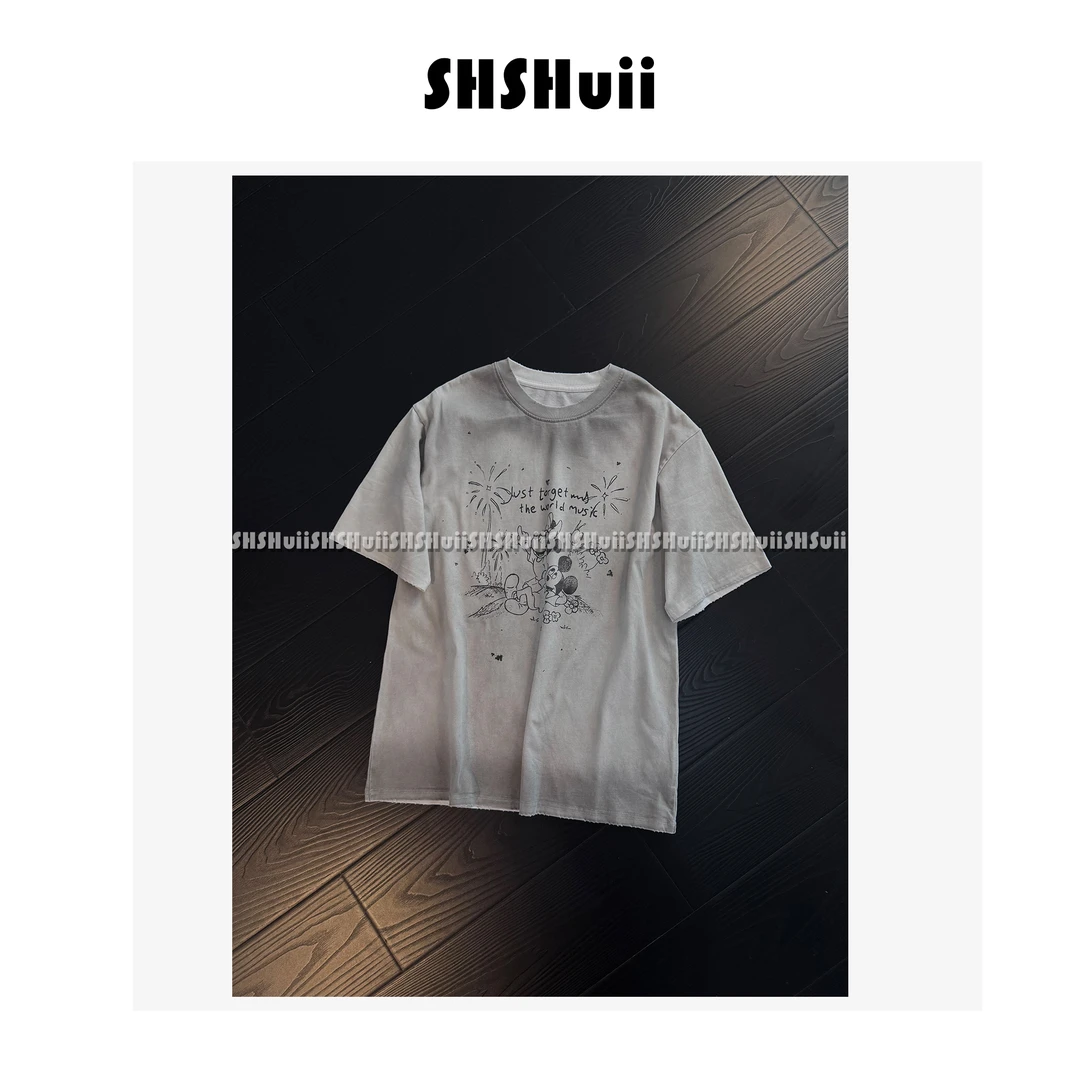 SSHuii【Hello 米奇】韩系显瘦磨破喷墨做旧短袖体恤女