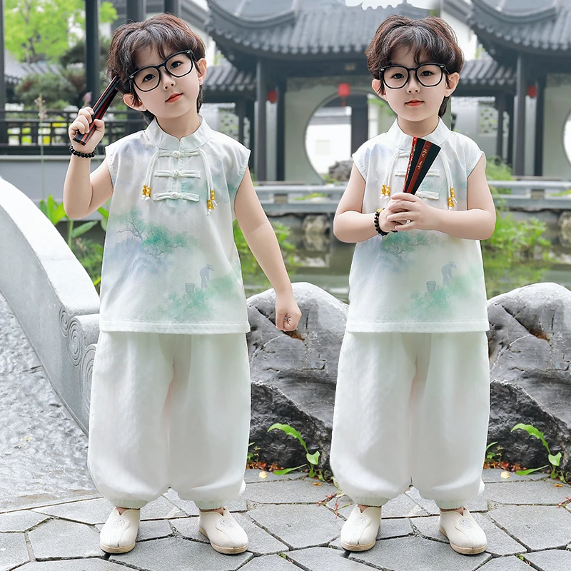 儿童夏季半袖套装男宝新中式古风汉服衣服小众无袖表演服古代唐装