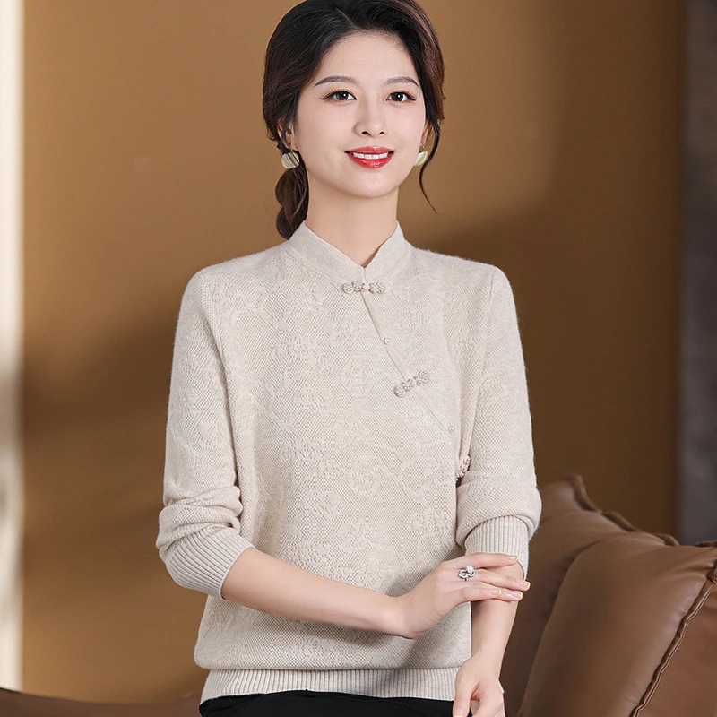 妈妈装秋冬针织宽松套头毛衣女2024新款中老年洋气百搭短款上衣