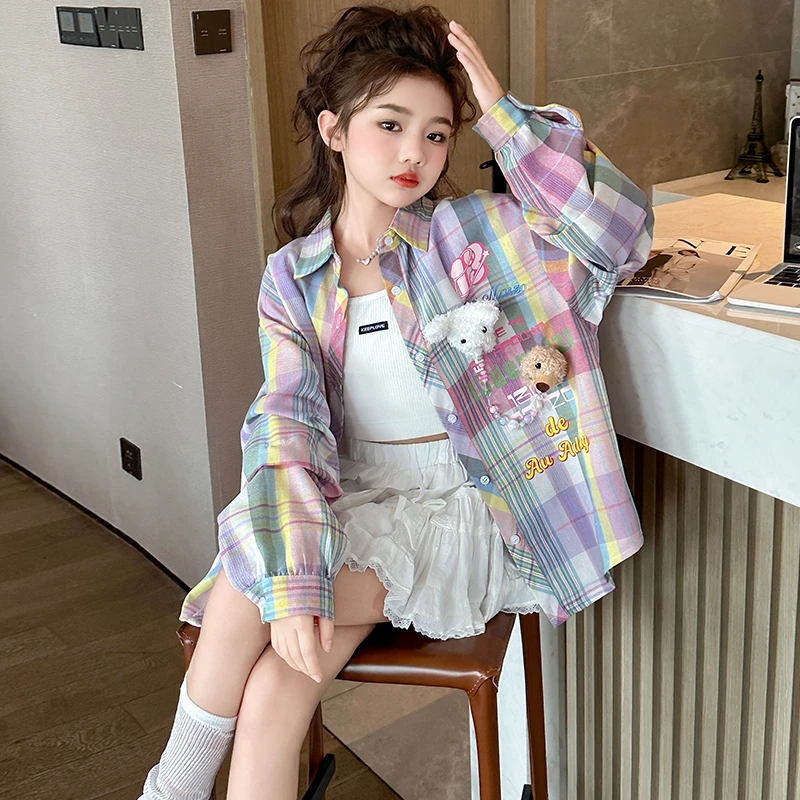 女童洋气多巴胺甜美彩虹格子衬衫春秋季新款中大童休闲衬衣薄外套