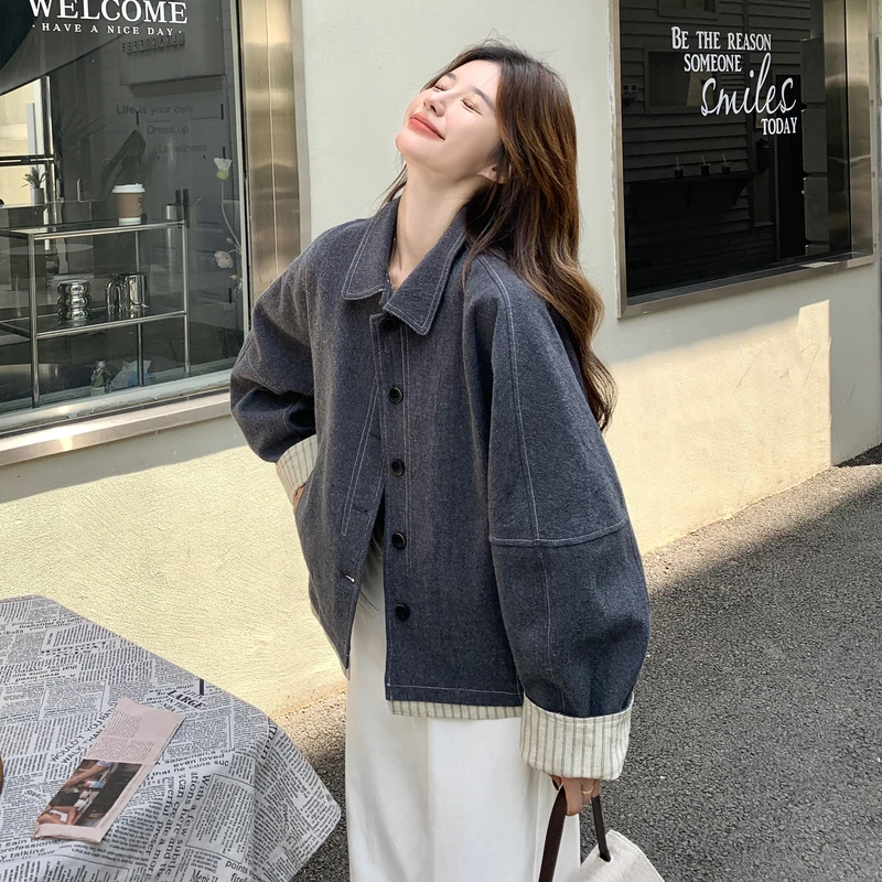 减龄复古条纹拼接翻领外套女2025春秋新款百搭显瘦巨好看灰色夹克