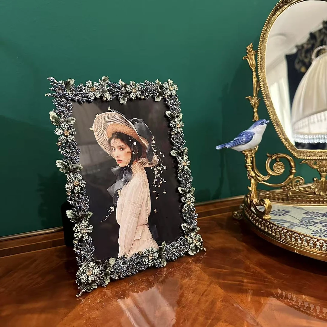 镶嵌花草环绕装饰5X7相框摆件家居深蓝金属框架相框