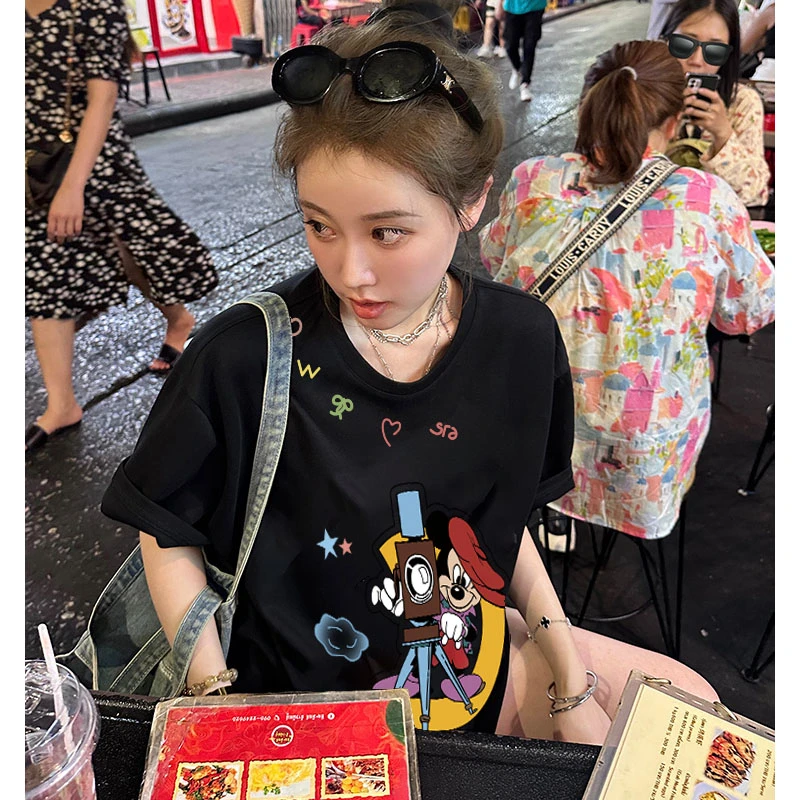 米奇图案灰色显瘦百搭短袖T恤上衣洋气女装纯棉短袖情侣装半袖衫