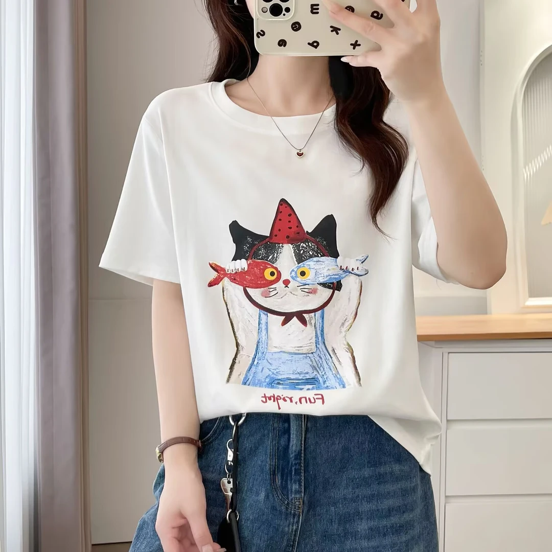 大码百搭时尚显瘦气质夏季印花短袖T