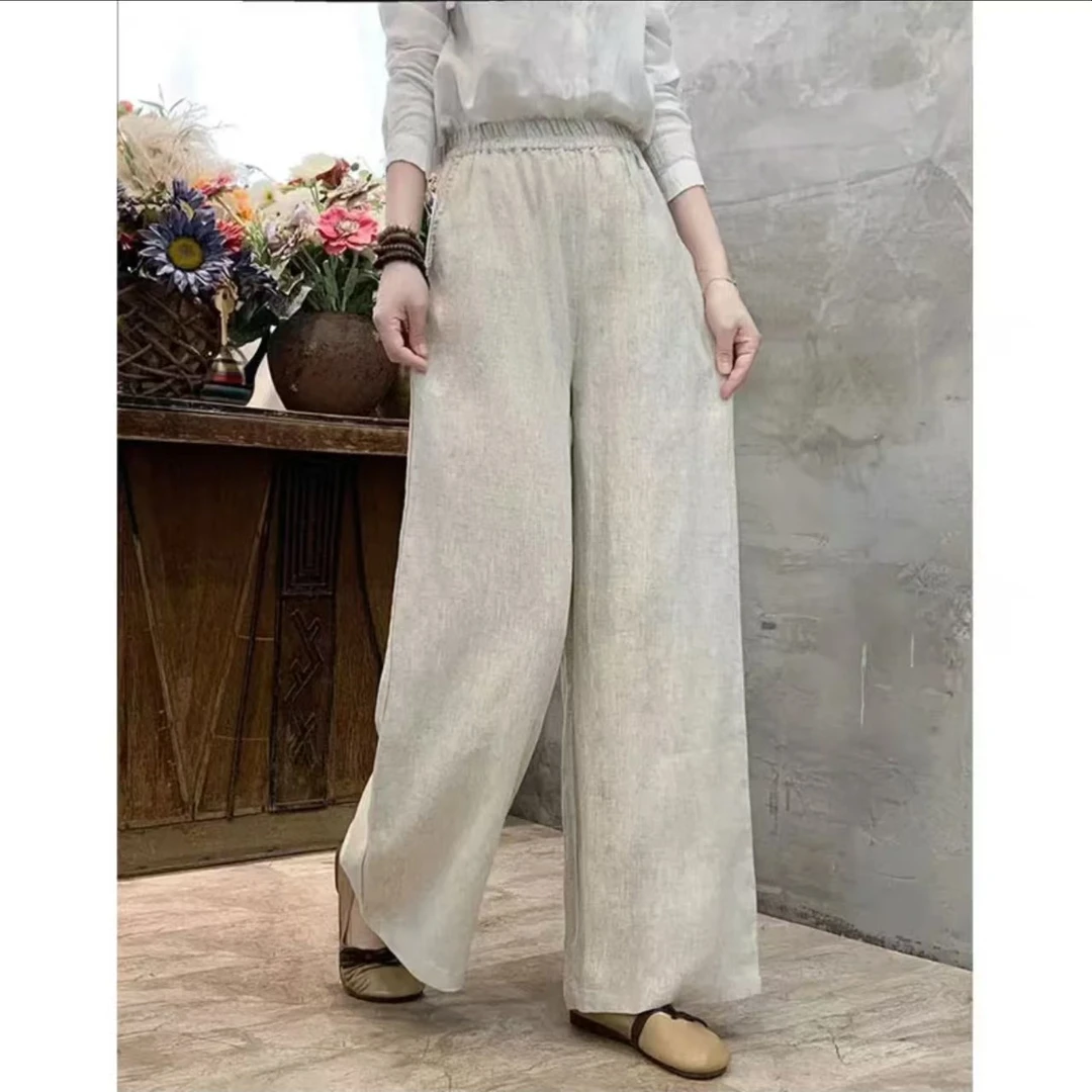 夏季款款时尚显瘦垂感纯色纯雨露亚麻直筒裤宽松百搭长裤8080