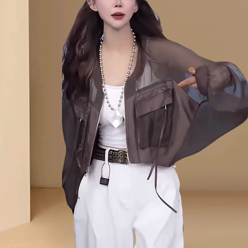 夏季流行薄款透气防晒衣女美式立领短款宽松防晒服开衫流行短外套