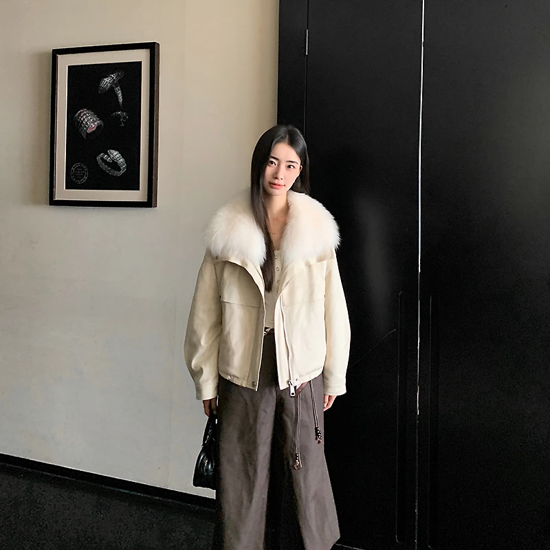 甜酷女主 狐狸皮草毛领外套女短款90白鹅绒羽绒派克服2025新25243