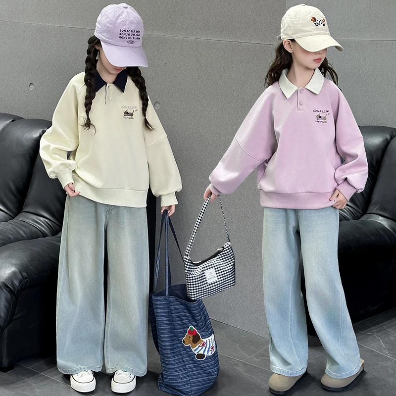 女童春秋休闲套装2025新款6-12岁15岁中大童刺绣卫衣长裤时髦洋气