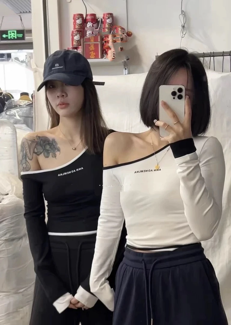 洁哥新品独特设计辣妹斜肩显瘦上衣