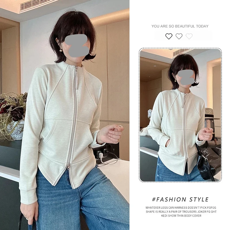 美式复古拉链立领卫衣女修身开衫春秋款休闲运动正肩显瘦长袖外套
