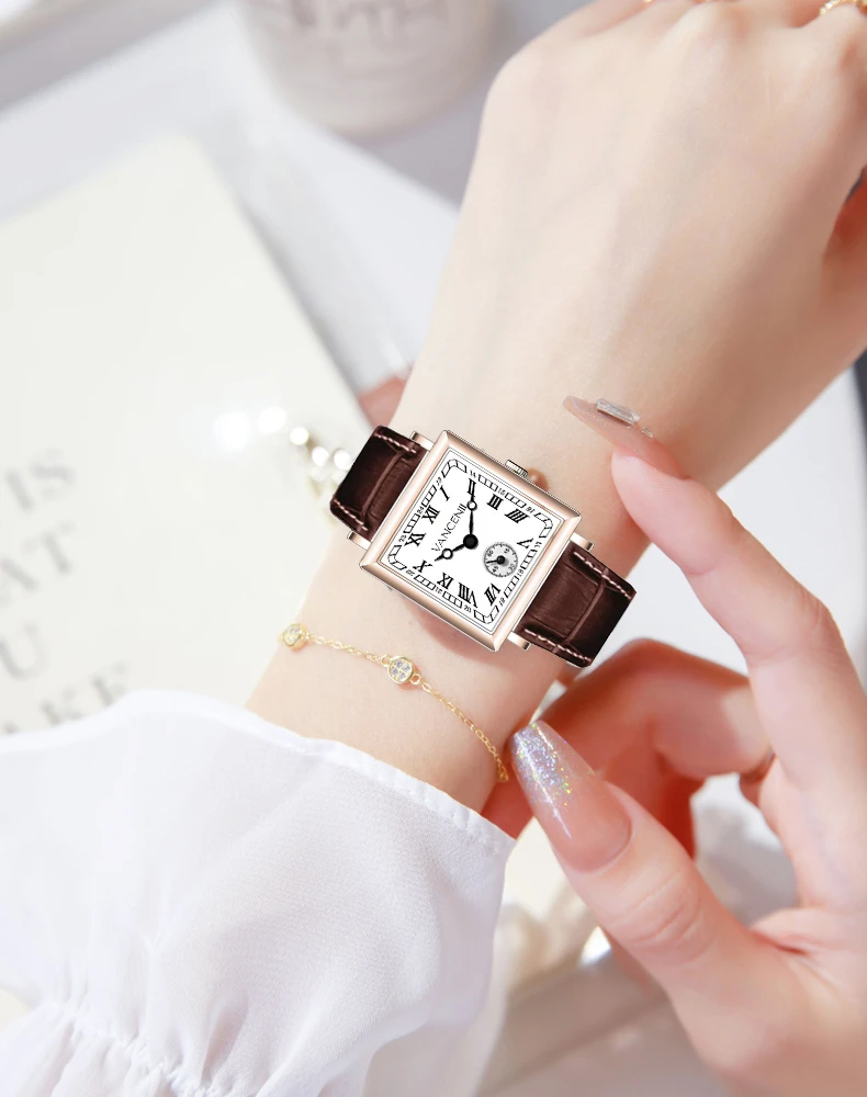 【官方正版】VANCENII/范西尼经典中古棕色复古方形手表女士腕表WL