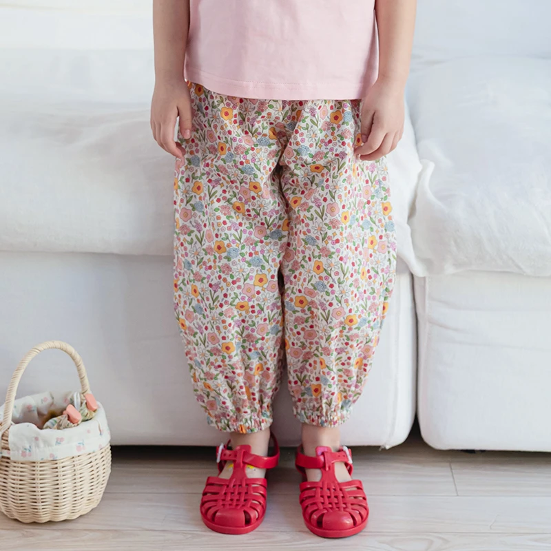 夏季儿童防蚊裤2025温柔粉色系印花女童薄款洋气灯笼裤夏装长裤