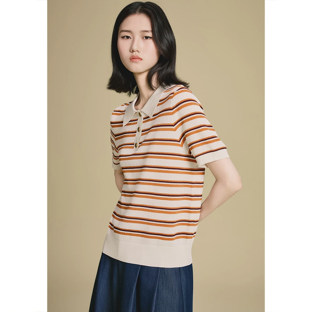 诗篇 2025新款时尚气质翻领短袖女POLO领薄款短款T恤6C65306233