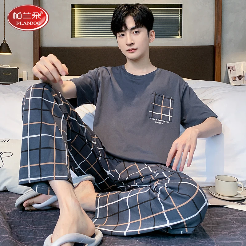 帕兰朵100%纯棉睡衣男士春夏季薄款短袖长裤格子加大码外穿家居服