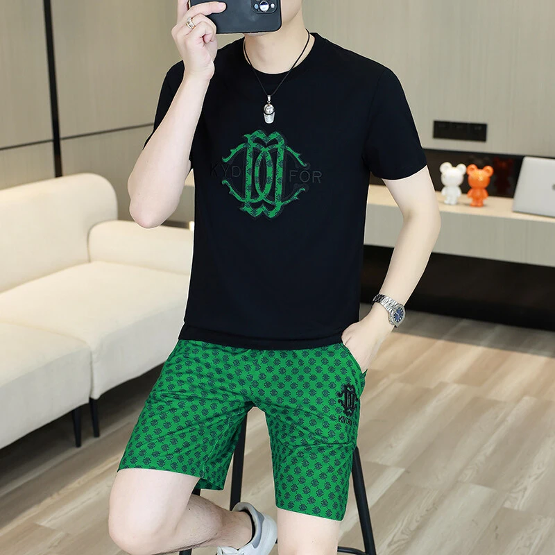 高品质夏季新款男士潮流时尚修身个性短裤短袖刺绣套装
