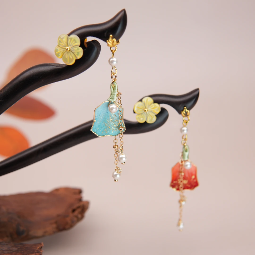 15厘米黑檀木双面新中式贝壳绒花盘发簪子精致轻奢日常百搭