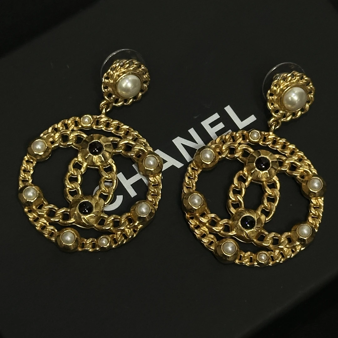 95新 Chanel/香奈儿 18K复古珍珠琉璃双C耳钉/JJ5091506