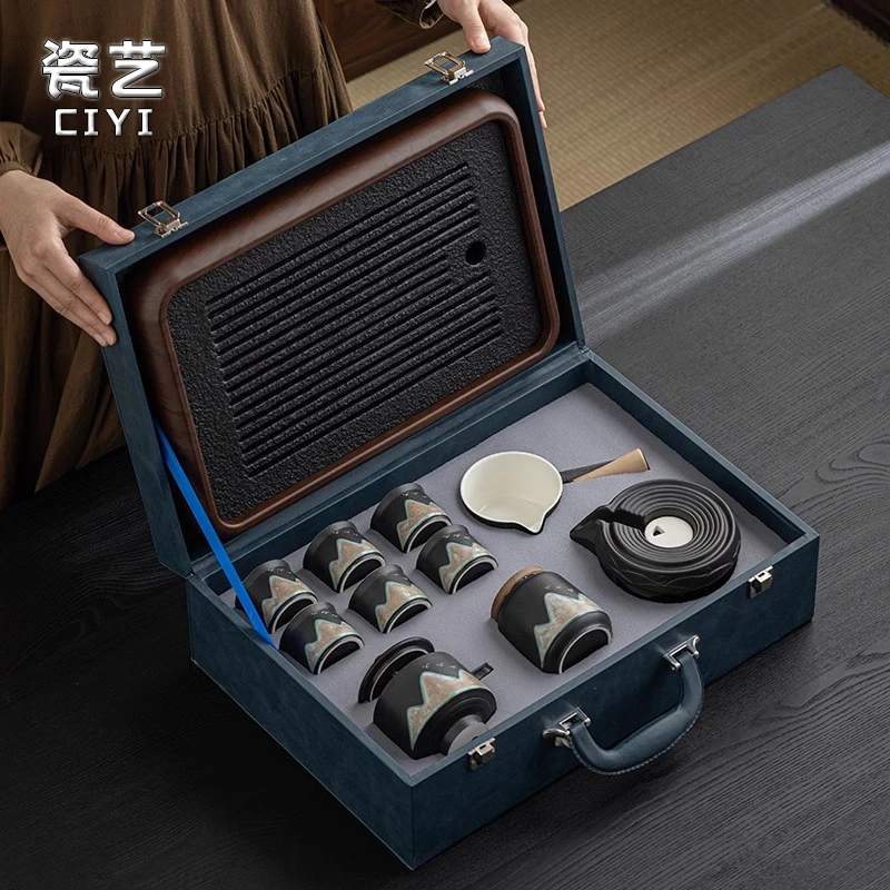 窑变远山手绘懒人茶具套装泡茶器功夫茶盘陶瓷泡茶壶茶杯整套高端