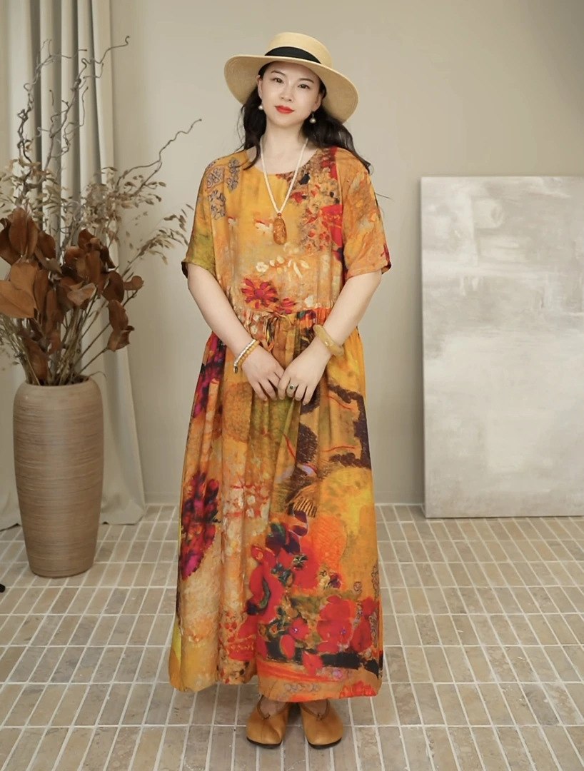 洋气花色收腰中长款连衣裙女夏季宽松大码显瘦遮肉裙