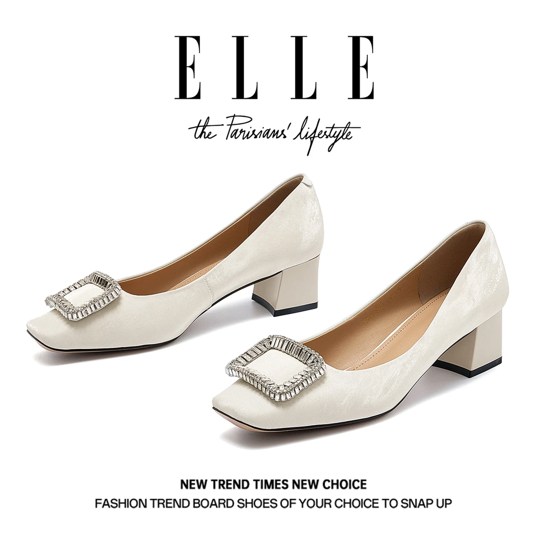 ELLE真皮不累脚高跟鞋女2025新款水钻方扣一脚蹬绝美浅口粗跟单鞋