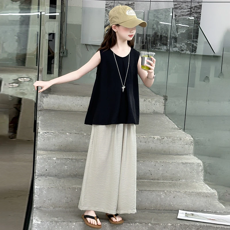 女童夏季无袖套装2025新款洋气大童背心夏装宽松阔腿裤儿童两件套