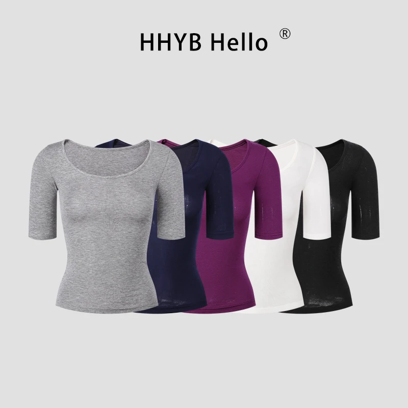 HHYB Hello大U领中袖T恤女2025新款薄款修身显瘦五分袖上衣250455