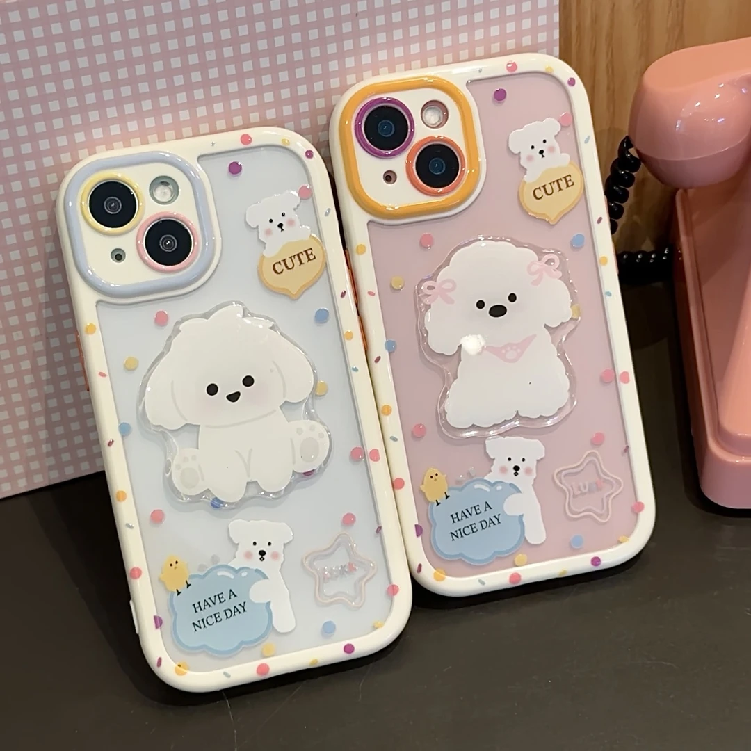 可爱彩色波点小白狗适用苹果16手机壳iPhone13华为vivo小米15oppo