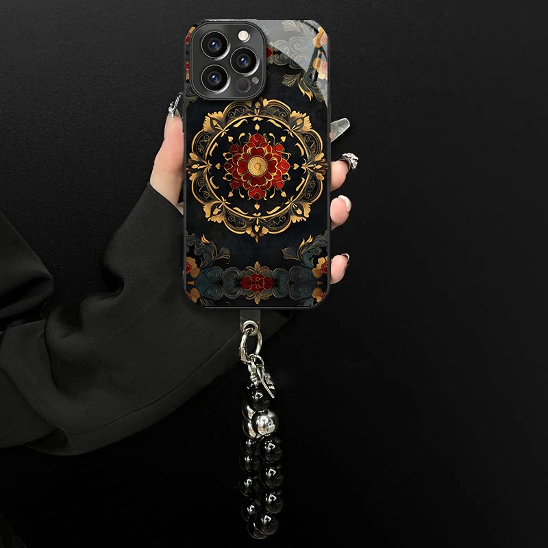 适用于苹果/oppo/华为/vivo/小米国风图腾电镀玻璃手链防摔手机壳