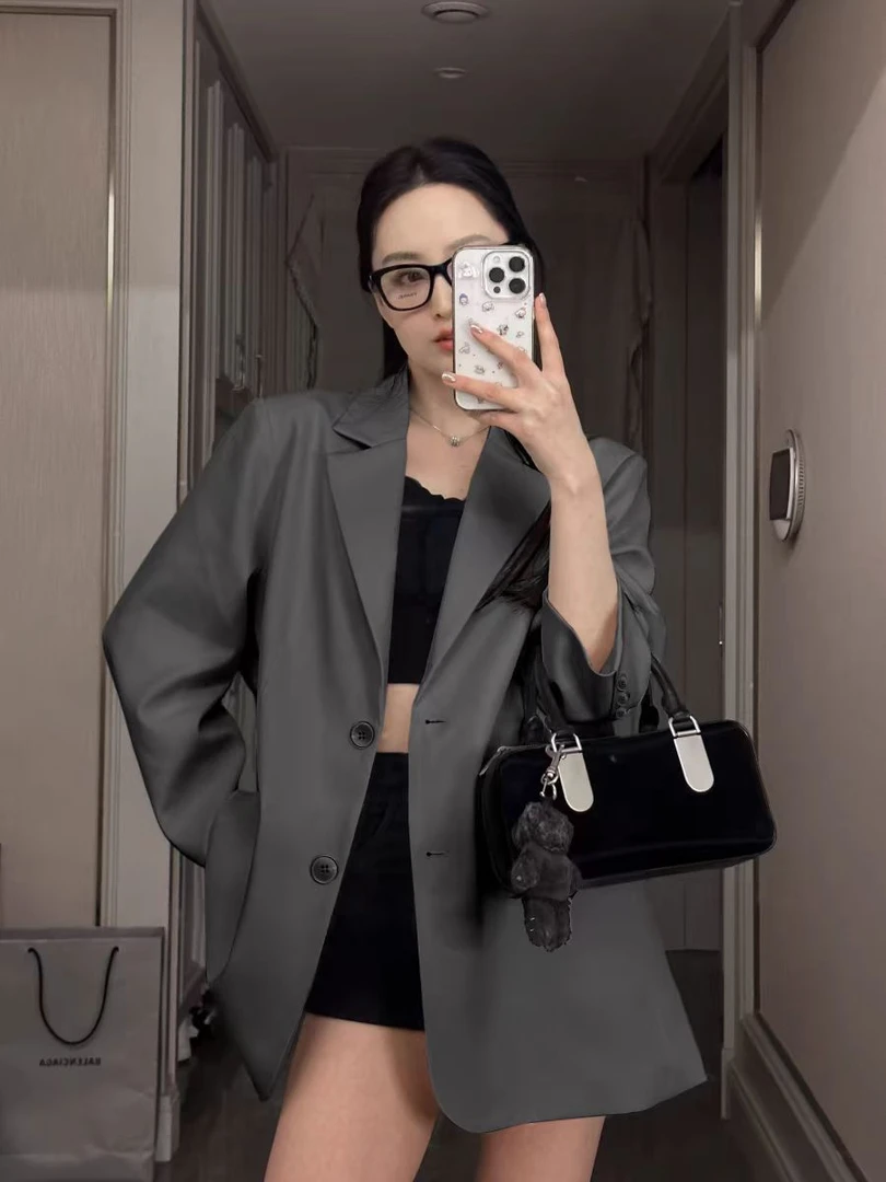 灰色西装外套宽松2025新款春秋流行气质感休闲百搭小西服