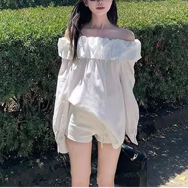 一见钟情 白色花苞领一字肩衬衫上衣女春秋季长袖衬衣20025法式