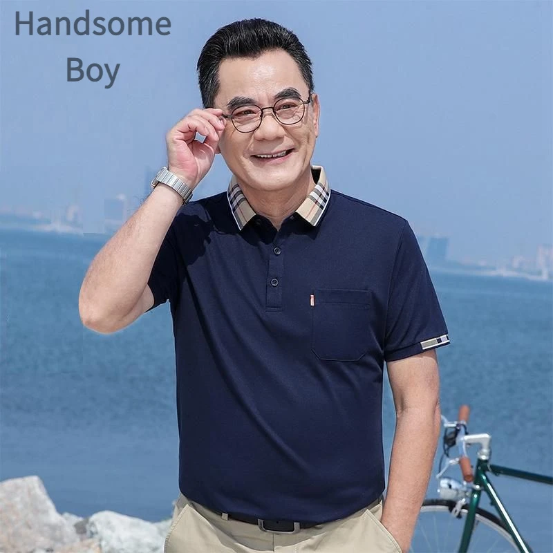 男士男装休闲夏季爸爸中年夏装中老年薄款半袖透气翻领大码宽松纯